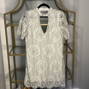 White and black floral lace overlay short sleeve mini dress
